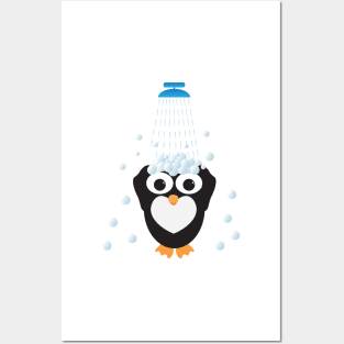 Cute Penguin Taking a Shower Posters and Art